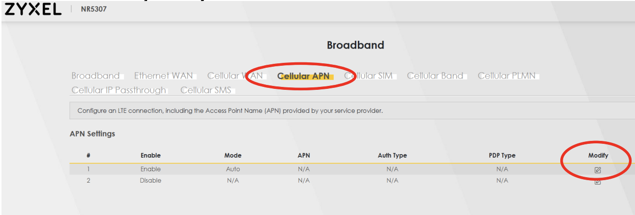Kuva hallintaliittymän APN asetuksesta
